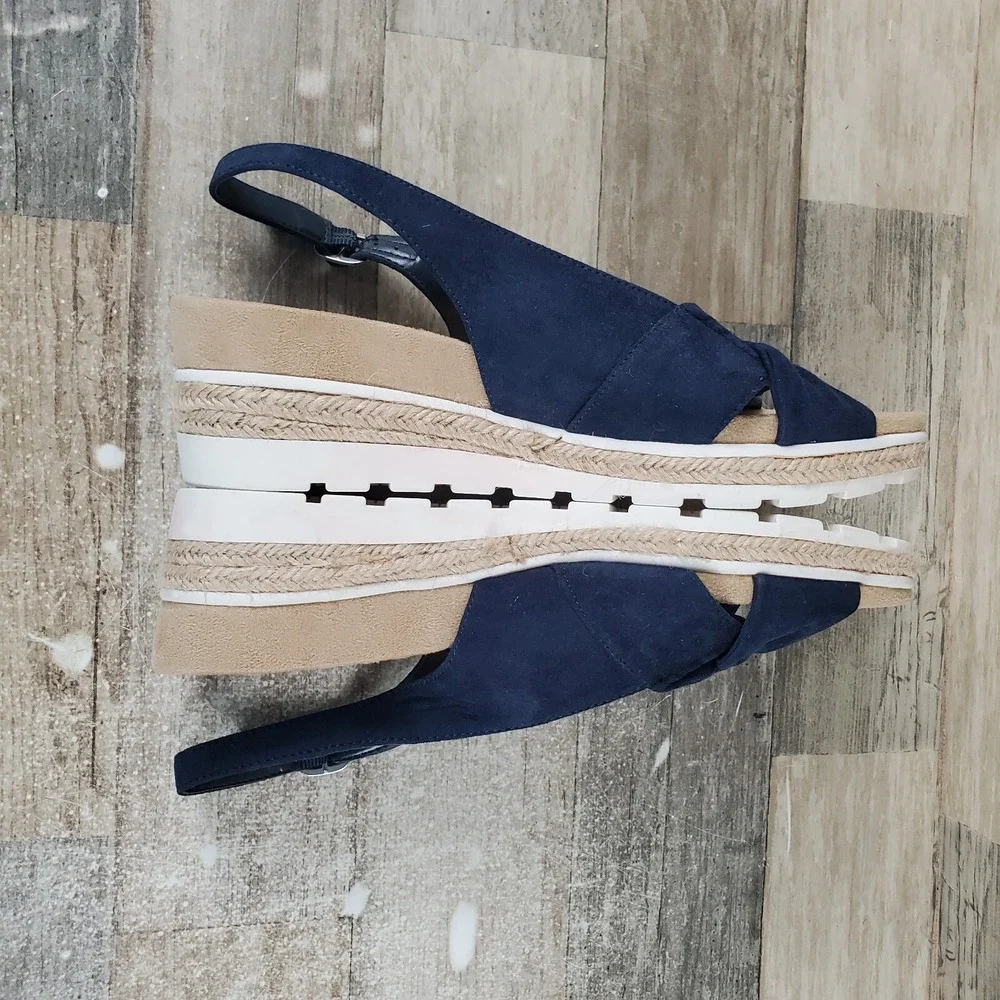 Easy Street Womens Dot Wedge Sandal Sz 9.5 N Navy Blue Suede Slingback‎